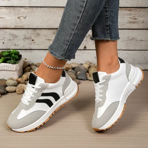 Women Fashion Sneakers Color Block Retro Casual Shoes Lace Up Round Toe Platform Wear Resistant Non Slip Sneakers For Daily