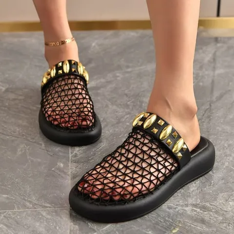 Women Mesh Hollow Out Platform Mules Breathable Round Toe Roman Style Sandals Fashion Rivet Decoration Summer Casual Slippers