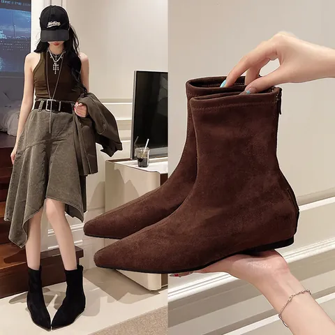 Women Pointed Toe Suede Ankle Boots 2025 Fashion Autumn Winter Sock Boots Soft Sole Internal Heightening Stretch Short Boots