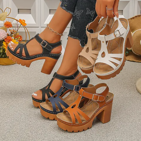 Dames Peep Toe Plateau Sandalen Mode Dikke Hak Opengewerkte Gesp Schoenen Dikke Zool Gestikt Kunstleer Sandalen