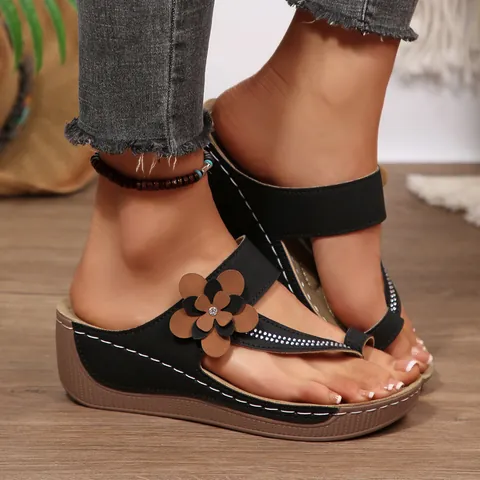 Women Wedge Platform Sandals Summer Flower T-Strap Flip Flops Rhinestone Bohemia Beach Shoes Casual Outdoor Slides