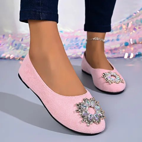 Women French Style Flat Shoes Rhinestone Round Toe Shallow Mouth Soft Sole Comfortable Work Shoes Large Size Slip-On Flats