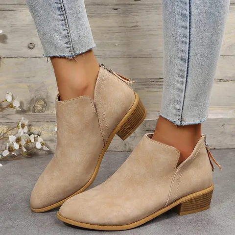 Dames Britse Stijl Spitse Neus Blokhak Enkelzijdige Schoenen Retro Effen Kleur Luipaardprint Ritssluiting Achter Casual PU Flats