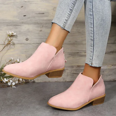 Dames Britse Stijl Spitse Neus Blokhak Enkelzijdige Schoenen Retro Effen Kleur Luipaardprint Ritssluiting Achter Casual PU Flats
