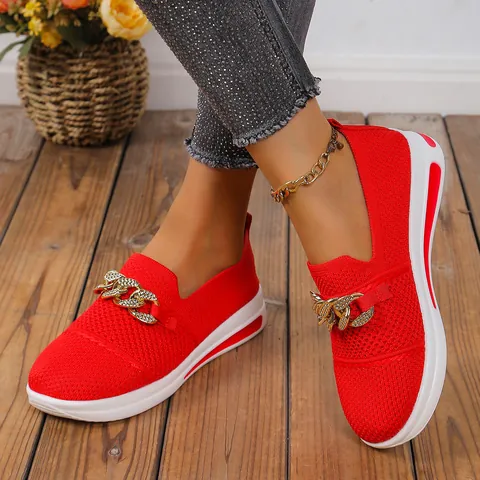 Damen Atmungsaktiv Netz Loafer Flach Rund Zehenpartie Freizeitschuhe Mit Metallkette Strass Verzierung Große Größe Frühling Mode