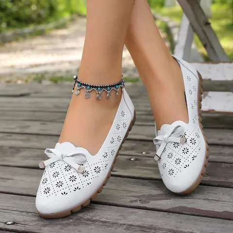 Women Hollow Out Bow Flat Shoes Shallow Mouth Soft Sole Breathable PU Leather Casual Ballet Flats Fashion Mom Shoes