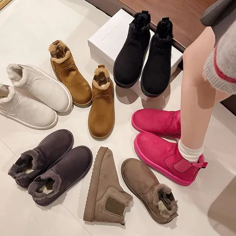 Women Short Snow Boots Suede Platform Winter Warm Shoes With Elastic Band Artificial Plush Lining Anti-slip Cotton Boots