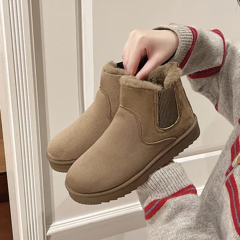 Women Short Snow Boots Suede Platform Winter Warm Shoes With Elastic Band Artificial Plush Lining Anti-slip Cotton Boots