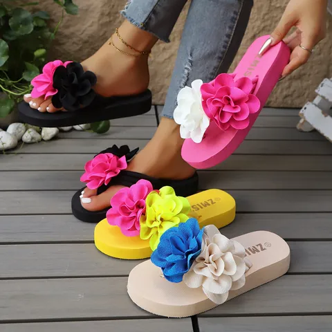 Chanclas de Plataforma para Mujer Sandalias de Verano con Flor 3D Cuña de Tela Ligera Zapatillas de Playa para Mujer