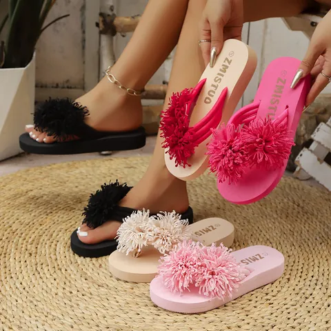 Chanclas de Plataforma para Mujer Sandalias de Verano con Flor 3D Cuña de Tela Ligera Zapatillas de Playa para Mujer