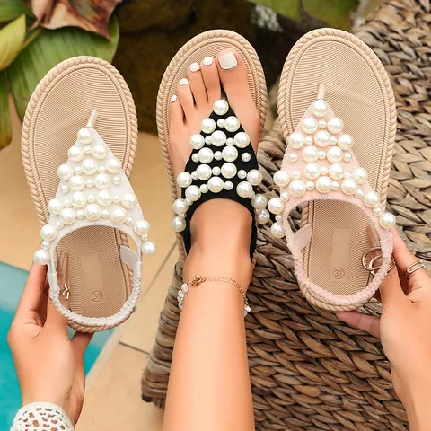 Sandali Infradito da Donna in Stile Francese con Perle Artificiali Ciabatte da Spiaggia Antiscivolo Bohemien con Cinturino Elastico Sandali Piatti