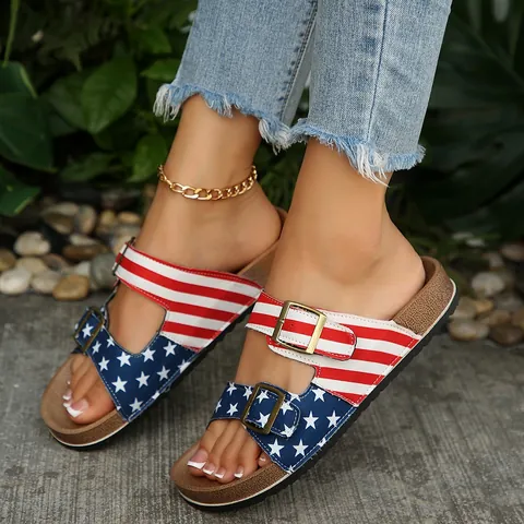 Women American Flag Print Double Buckle Slides Independence Day Contoured Footbed Sandals Casual Beach Slippers