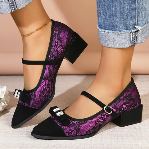Women Pointed Toe Chunky Heel Pumps Elegant Lace Bow Rhinestone Ankle Strap Mary Jane Wedding Party Fashion Shoes