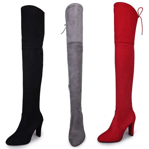 Women Pointed Toe Chunky High Heel Over-The-Knee Boots Elastic Faux Suede Fabric Lace-Up Side Zipper Winter Thigh High Boots