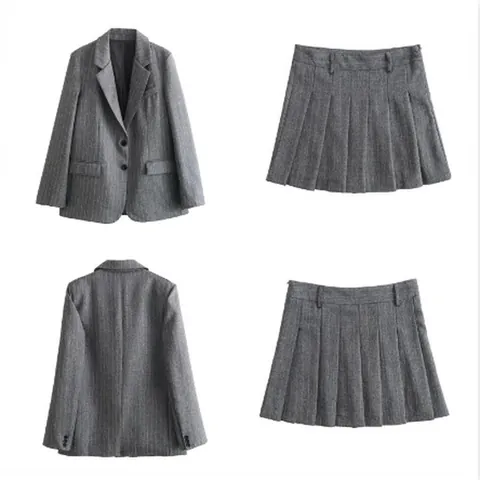 Women Pinstripe Blazer And Skirt Set Office Business Top And Bottom Suit Notch Lapel Long Sleeve Jacket With Pleated Mini Skirt