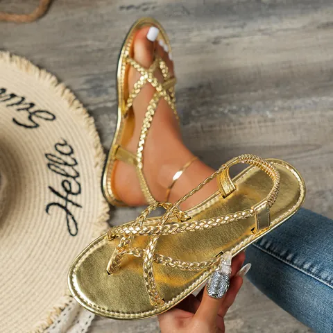 Women's Casual Woven Thong Flat Sandals New Bohemian Roman Style Beach Shoes Slip-On Elastic Back Strap PU Leather Sandals