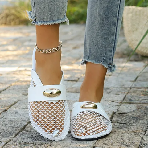 Women Mesh Mules Breathable Mary Jane Flat Slippers Closed Toe Fishnet Slides With Metal Buckle Casual Summer Beach Shoes