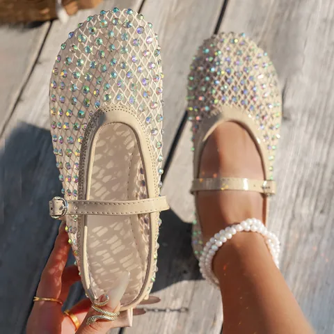 Sandalias Mary Jane de Malla con Diamantes de Imitación para Mujer Transpirables Planas Punta Cerrada Elegante Brillante Verano Exterior Playa Zapatos