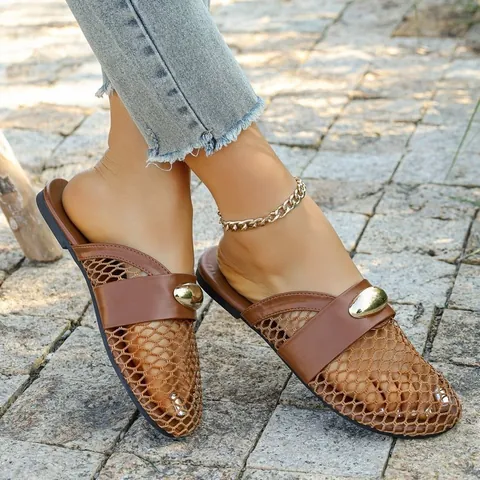 Women Mesh Mules Breathable Mary Jane Flat Slippers Closed Toe Fishnet Slides With Metal Buckle Casual Summer Beach Shoes