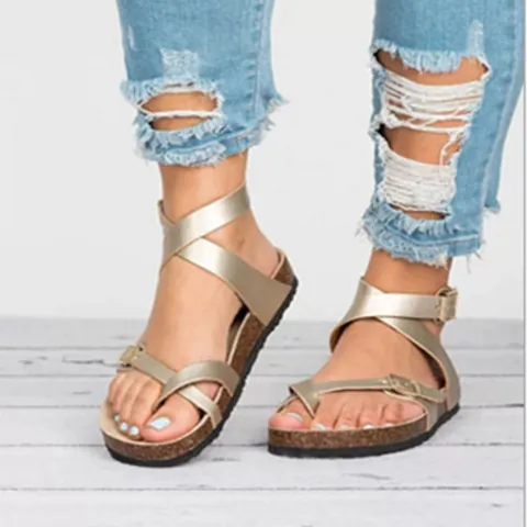 Women's Roman Style Flat Cork Sandals Summer Toe Loop Crisscross Strap Adjustable Buckle PU Leather Beach Sandals Large Size