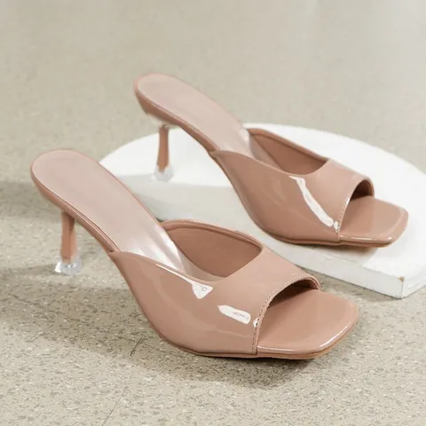 Women Fashion Square Toe Stiletto Heeled Sandals Sexy Peep Toe Patent Leather Slides Luxury Slip On Party Dress High Heels