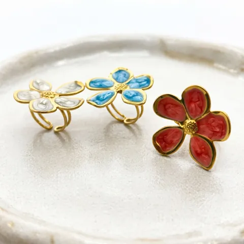 Anillo Abierto de Flor de Acero Inoxidable Chapado en Oro de 18K para Mujer Retro Esmalte Glaseado Anillo Floral Ajustable Diseño de Nicho Joyería Moda
