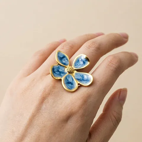 Anillo Abierto de Flor de Acero Inoxidable Chapado en Oro de 18K para Mujer Retro Esmalte Glaseado Anillo Floral Ajustable Diseño de Nicho Joyería Moda