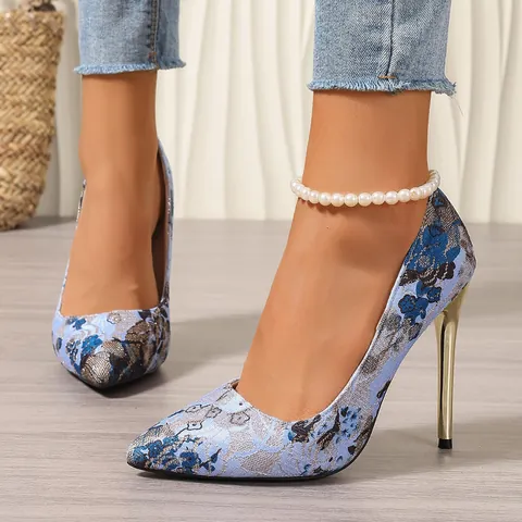 Women Sexy Pointed Toe Stiletto High Heels Elegant Embroidered Floral Pumps Ethnic Style Formal Dress Shoes For Party