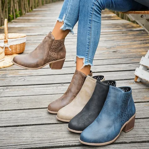 Dames Western Chelsea Boots Spitse Neus Lasersnijden Blokhak Enkellaarzen Synthetisch Leer Zijrits Mode Laarzen