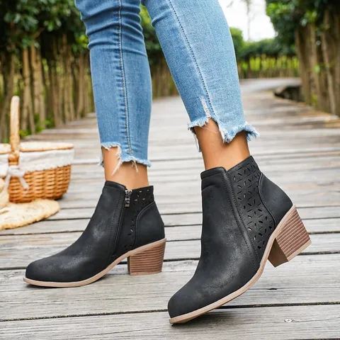 Dames Western Chelsea Boots Spitse Neus Lasersnijden Blokhak Enkellaarzen Synthetisch Leer Zijrits Mode Laarzen