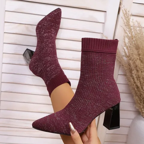 Women Fashion Pointed Toe Thick Heel Knitted Sock Boots Autumn Winter Stretch Mid-Calf Boots High Heel Footwear For Lady