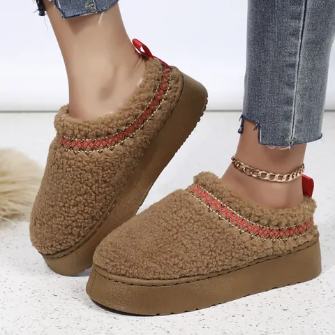 Women Platform Snow Boots Artificial Lamb Wool Round Toe Warm Cotton Shoes Embroidered Thick Sole Winter Slip-on Outdoor Footwear