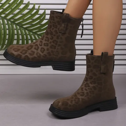 Women's Leopard Print Ankle Boots Round Toe Block Heel Fashion Casual Short Boots With Back Zipper PU Leather Warm Footwear
