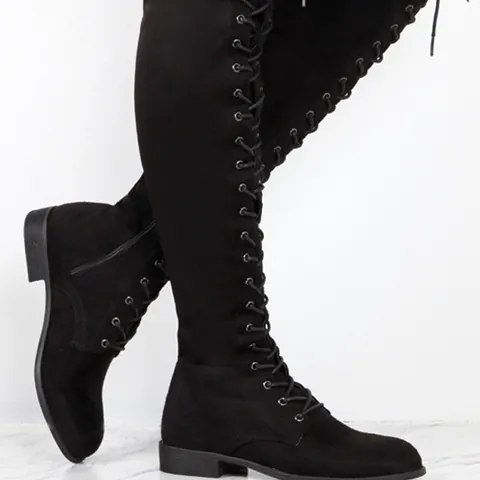 Women's Over-the-Knee Flat Boots Lace-up PU Leather Suede-Look Long Boots With Side Zipper Fashion Winter Shoes For Women