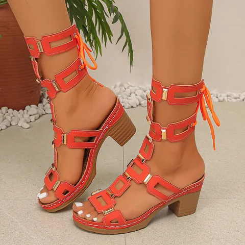 Women Chunky Heel Hollow-out Gladiator Sandals Lace-up Peep Toe Block Heel PU Leather Fashion Summer Vacation Shoes
