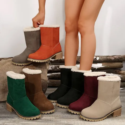 Women Mid Calf Snow Boots Chunky High Heel Faux Suede Leather Cotton Boots Warm Fleece Lined Plus Size Square Heel Boots