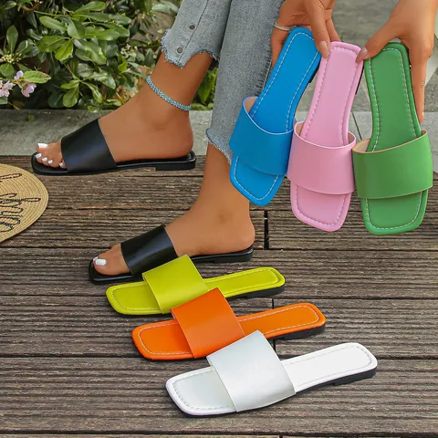 Women Square Toe Slide Sandals PU Leather Flat Non-Slip Casual Summer Outdoor Shoes Plus Size Wide Strap Slippers