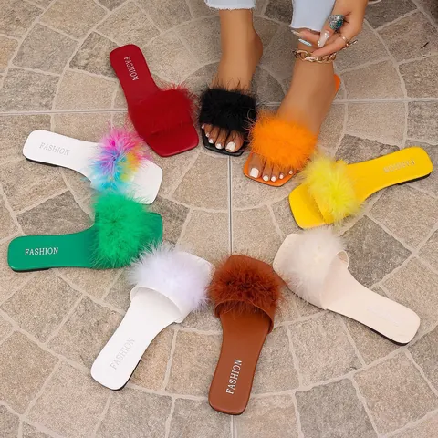 Dames Zomer Mode Imitatiebont Platte Slides Zoete Effen Kleur Vierkante Neus PU Rubber Antislip Eén-Riem Slippers Voor Dagelijks Gebruik