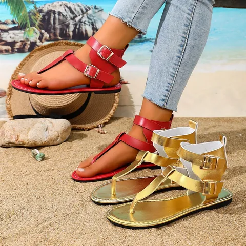 Sandalias Planas de Chancla para Mujer Cuero PU Suela de Caucho Doble Hebilla en el Tobillo Color Sólido Playa Verano