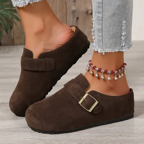 Women Casual Suede Boston Style Clogs Mules Round Toe Slip On Thick Sole Metal Buckle Fashion Low Heel Outdoor Flat Slippers