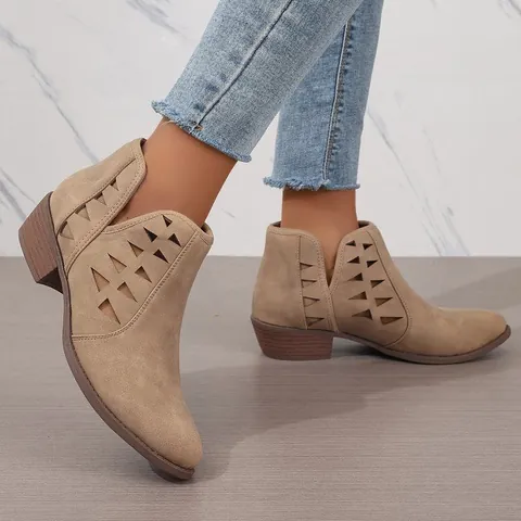 Stivaletti da Donna Traforati Punta Arrotondata Tacco Largo in Pelle PU per Vacanza Quotidiano Eleganti Stivali Casual