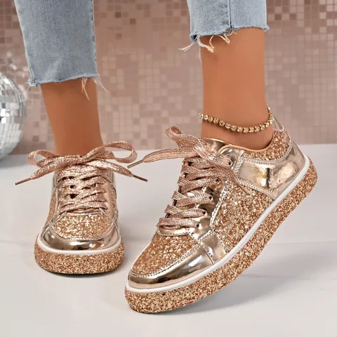 Women's Sequin Board Shoes Shiny Glitter Flat Sneakers Lace-up Champagne Silver Casual Fashion Low Top Shoes