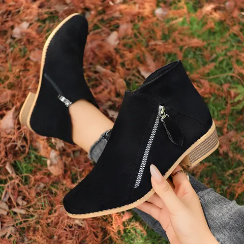 Women's Suede Pointed Toe Chunky Heel Ankle Boots Double Side Zipper Western Style Autumn Winter Mid Heel Short Boots