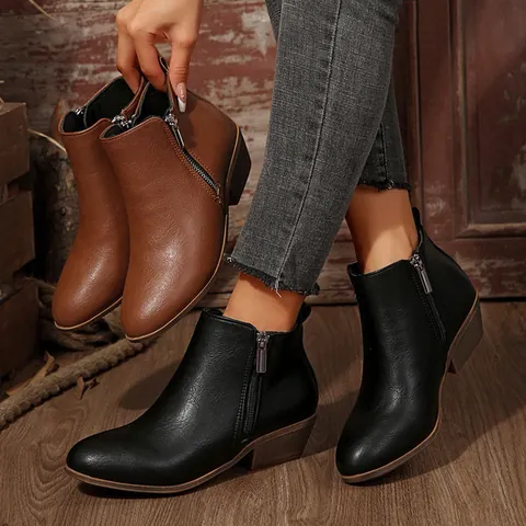 Dames Enkellaarsjes Met Spitse Neus Blokhak Vintage Westerse Stijl Zijrits Microvezel Martin Boots Korte Laarzen