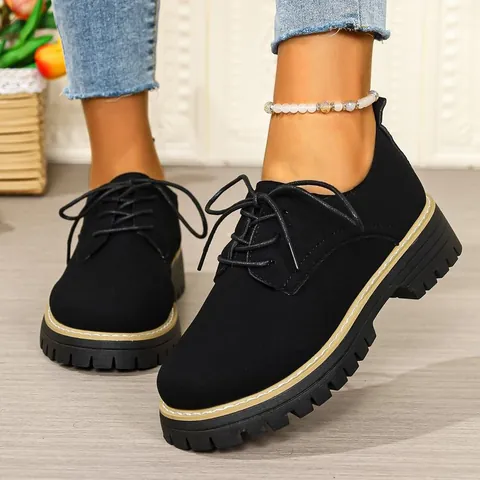 Mocasines de Cuero de Vaca para Mujer Zapatos de Plataforma Casuales de Otoño con Cordones Punta Redonda Estilo Británico Tacón Bajo Color Sólido