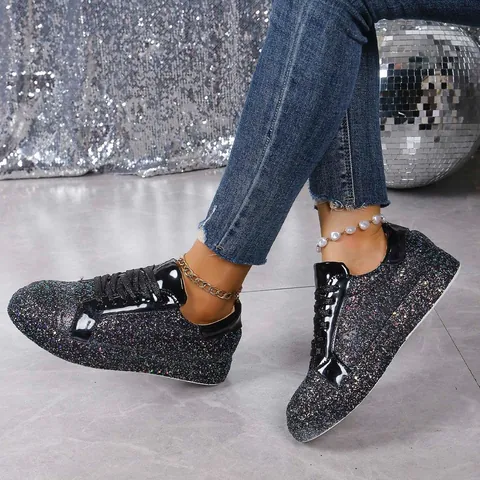 Women Sequin Casual Sneakers Flat Round Toe Lace-Up Low-Top Fashion Metallic Shiny Sparkly Walking Shoes Plus Size 35-43
