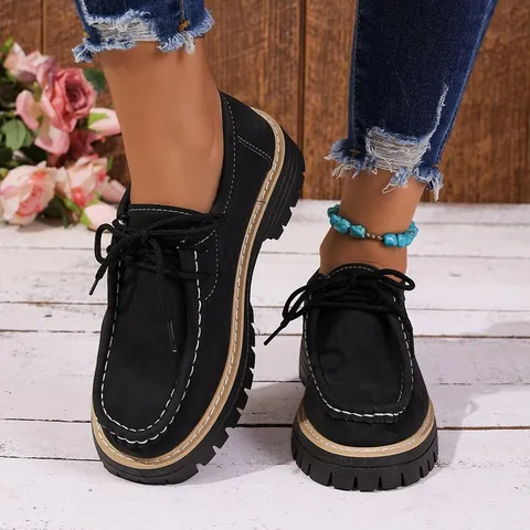 Women Vintage British Style Platform Loafers Lace Up PU Leather Casual Shoes Thick Sole Round Toe Waterproof Flats Footwear