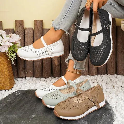 Scarpe Mary Jane Casual da Donna Traforate Traspiranti in Pelle PU Scarpe Basse con Cinturino con Fibbia Leggere e Comode Scarpe da Passeggio