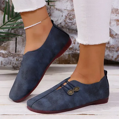 Zapatos Planos Informales de Cuero PU Suave para Mujer Punta Redonda Boca Poco Profunda Slip-on Con Hebillas de Metal