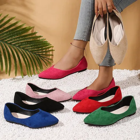 Scarpe Basse da Donna in Camoscio con Punta Affusolata Scollo a V Suola Morbida Ballerine Casual Slip-on Mocassini Comodi